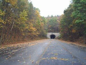 road leading to a tunnel with trees around it